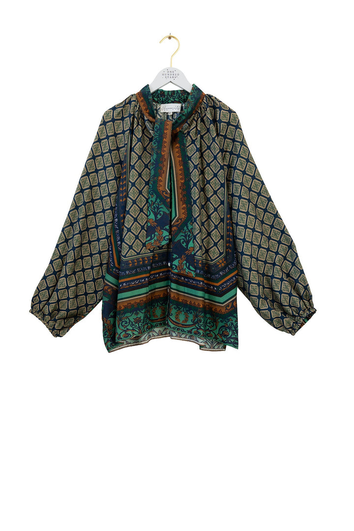 One Hundred Stars Amulet Emerald Pussybow Blouse