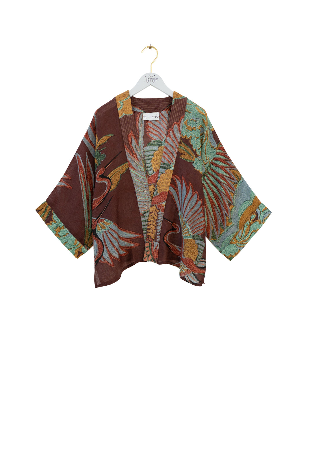 One Hundred Stars Crane Brown Wool Kimono