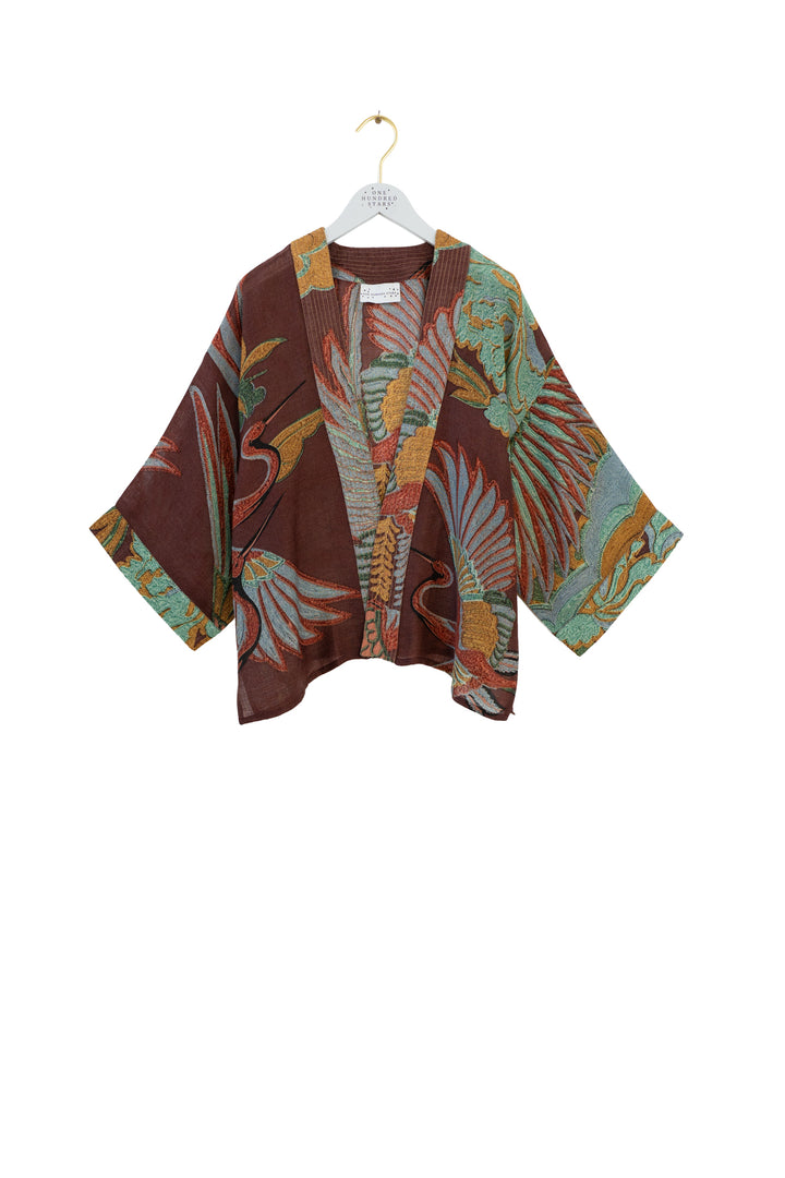 One Hundred Stars Crane Brown Wool Kimono