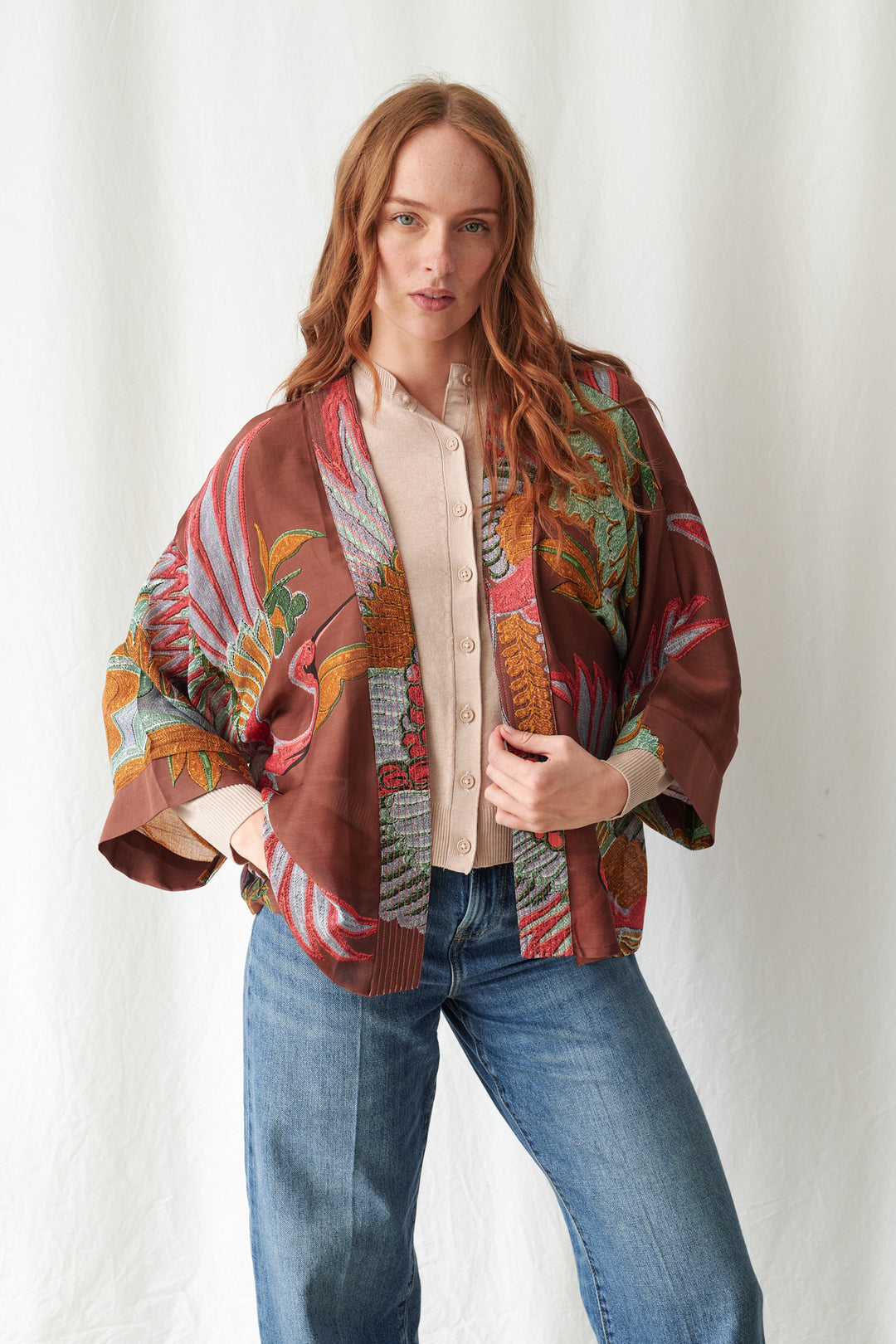 One Hundred Stars Crane Brown Kimono