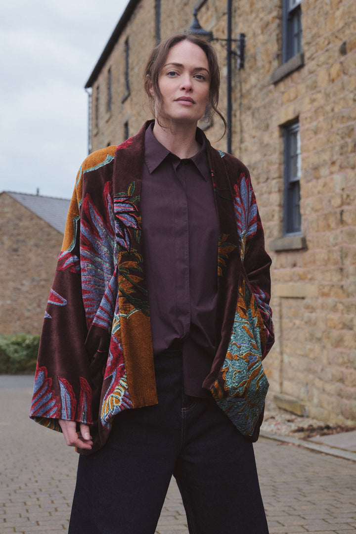 One Hundred Stars Crane Brown Velvet Pocket Jacket
