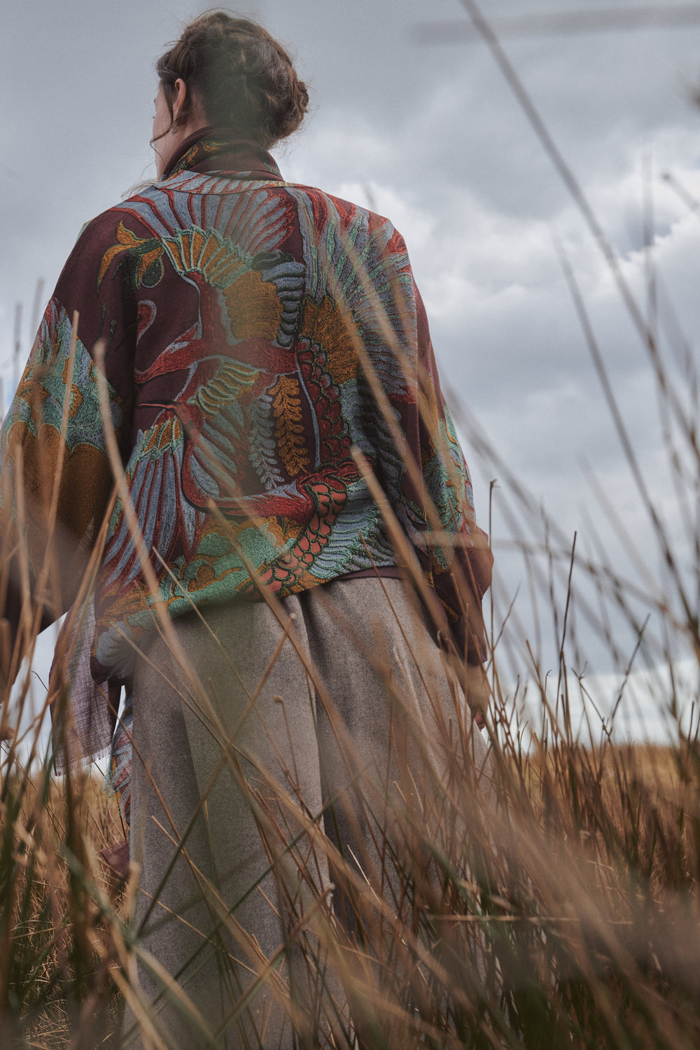 One Hundred Stars Crane Brown Wool Kimono