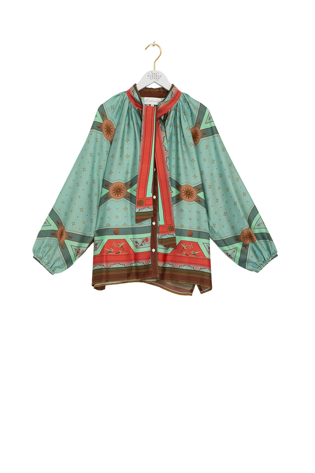 Blouse Fleur De Lys Aqua à nœud lavallière
