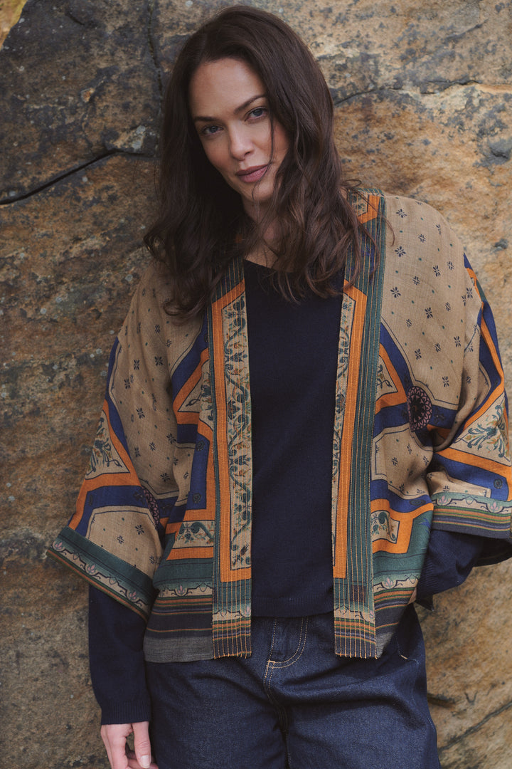 One Hundred Stars Fleur De Lys Sand Wool Kimono