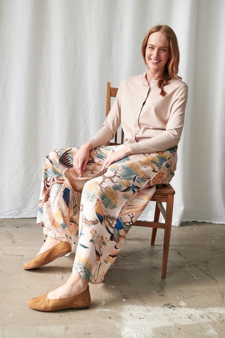 Pantalon palazzo nude à motif colibri