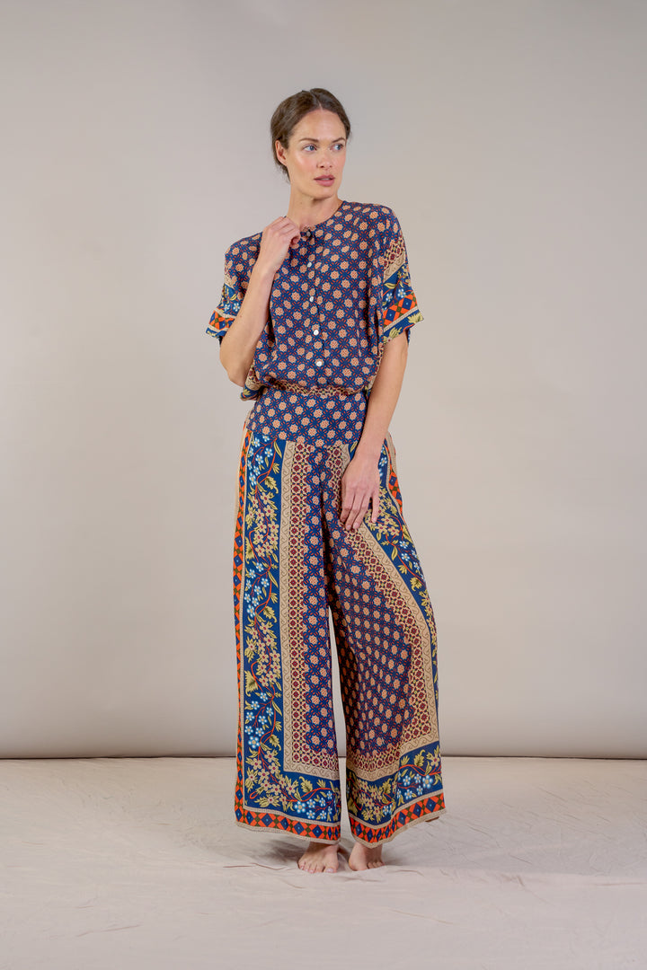 Pantalon palazzo en crêpe bleu mauresque