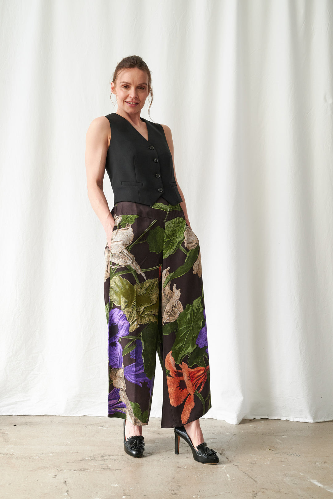 One Hundred Stars Nasturtium Black Palazzo Pants