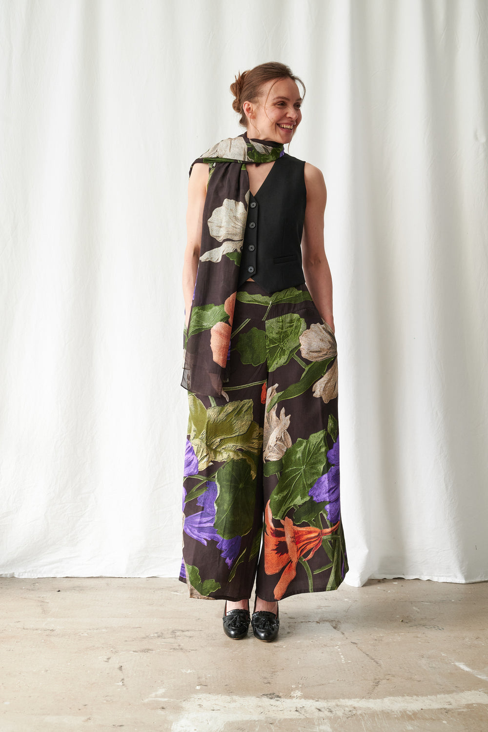 One Hundred Stars Nasturtium Black Palazzo Pants