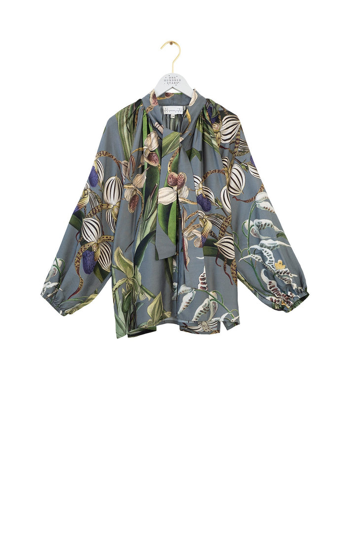 One Hundred Stars Orchid Grey Pussybow Blouse