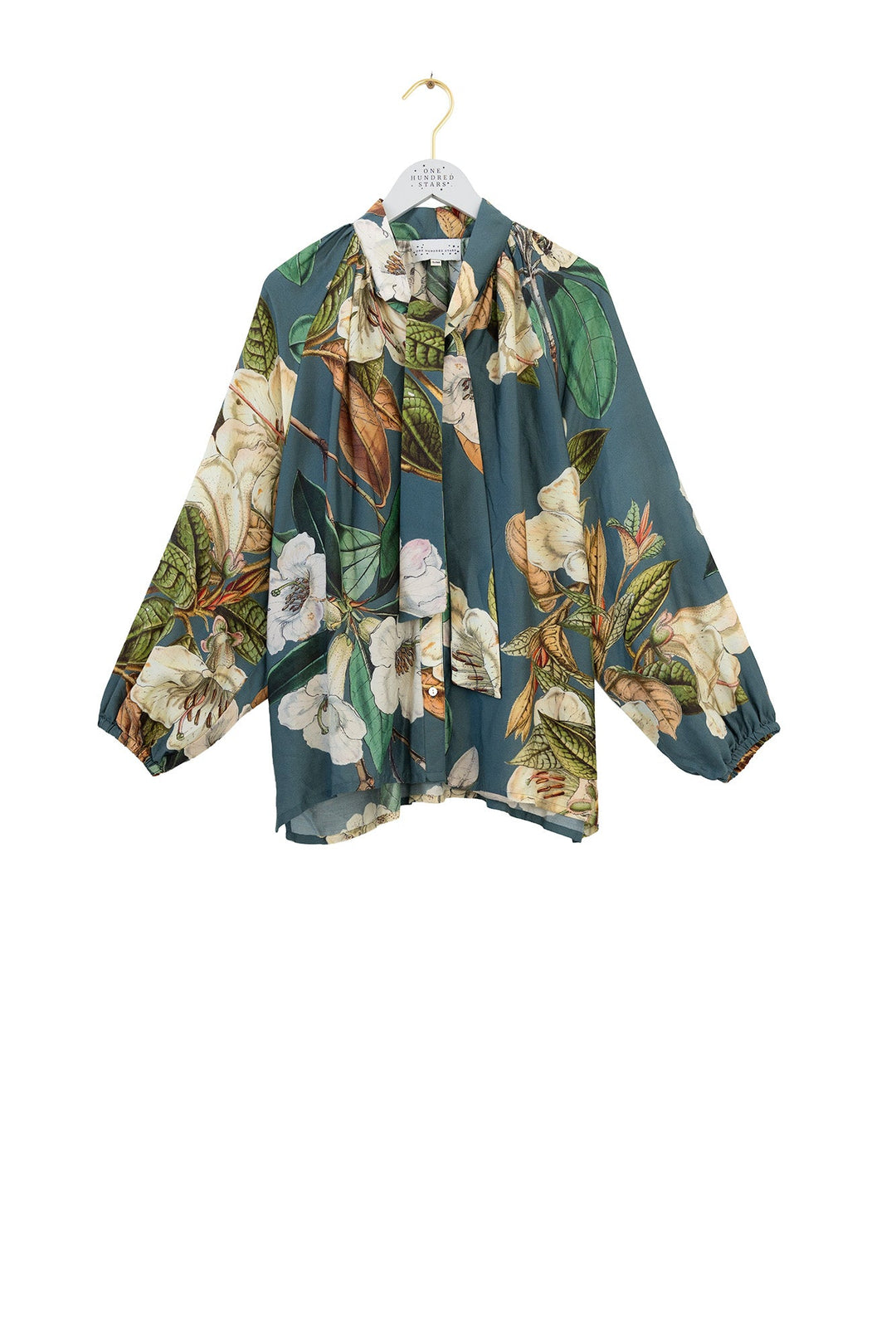 One Hundred Stars Rhodoleia Blue Pussybow Blouse