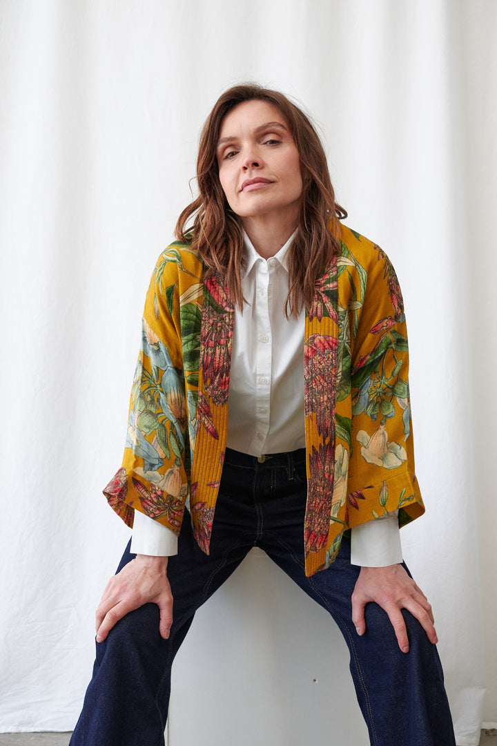 One Hundred Stars Rhodoleia Gold Wool Kimono