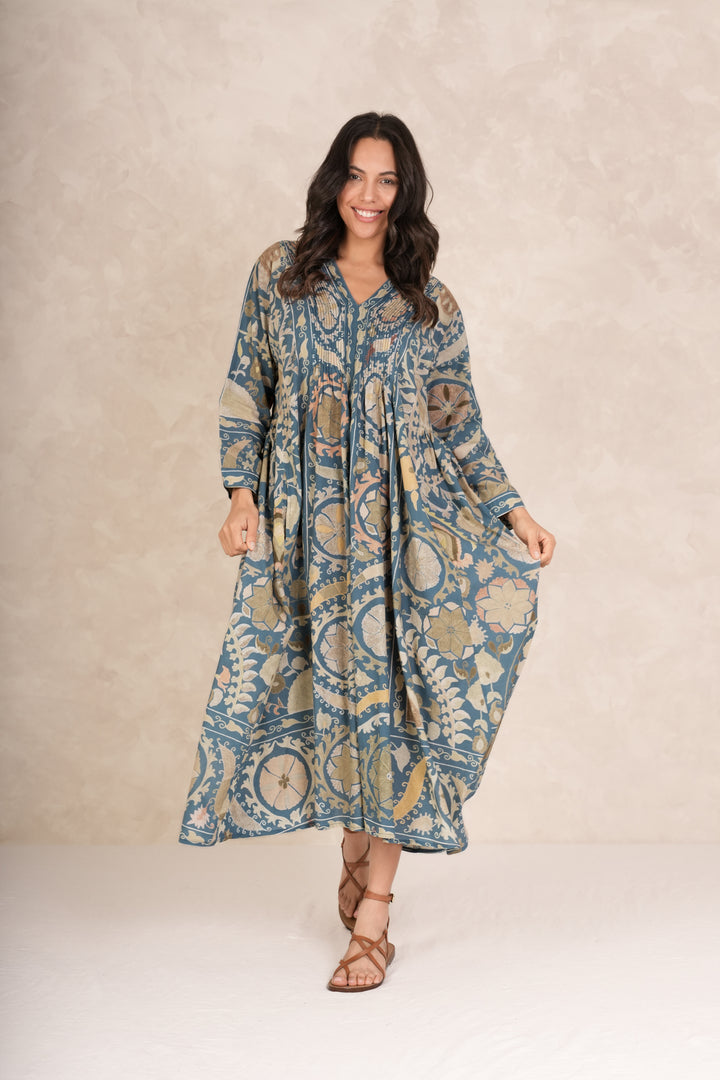 Susani Blue Pinch Pleat Dress